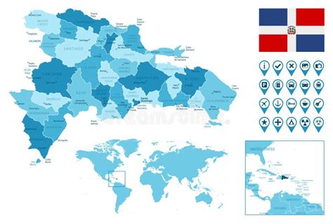多米尼加共和国详细行政蓝图，国旗和地点在世界地图上 向量例证 插画 包括有 国家（地区） 设置 标记 215417977