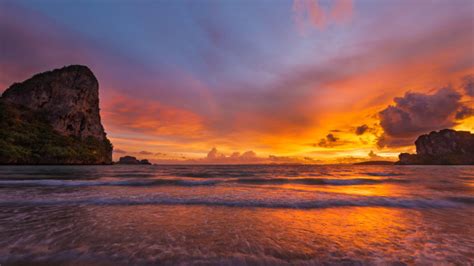 Krabi Thailand Sunset At Railay Beach Photo Landscape 4k