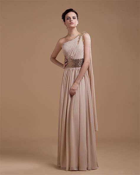 One Shoulder Floor Length Chiffon Prom Dress With Long Ribbon And