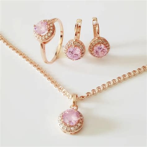Luxurious Wedding Jewelry Sets Trendy Pink Cubic Zircon Women Jewelry