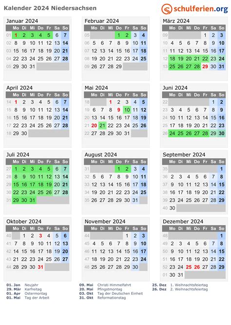 Vectorafbeelding kalender 2021, 2022, 2023, 2024, 2025, 2026. Kalender 2024 + Ferien Niedersachsen, Feiertage
