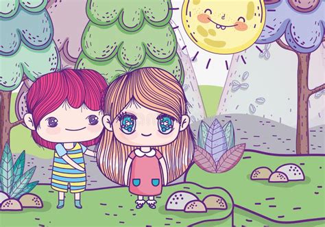 Kids Cute Little Boy And Girl Anime Cartoon Landscape Sunny Day Stock