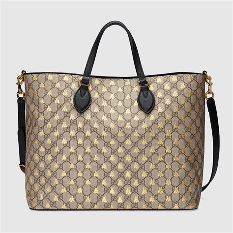 Gg Supreme Bees Tote In Beigeebony Soft Gg Supreme With Gold Bees