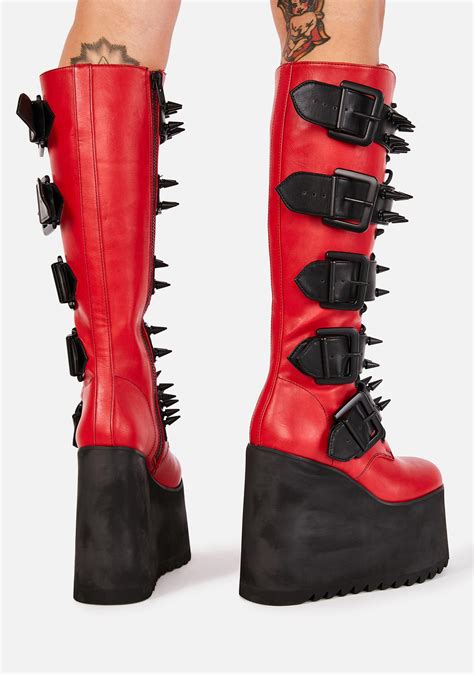 Widow Vegan Leather Buckle Platform Boots Black Red Dolls Kill
