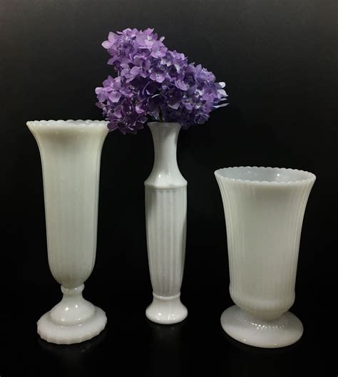 Vintage Milk Glass Vases Tall Ribbed Fluted Pedestal Flower Vase