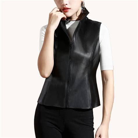 Genuine Leather Vest Women Black Zipper Waistcoat Female No Pockets