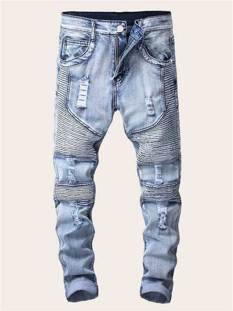Men Zipper Ripped Washed Jeans Shein Uk Moto Jeans Mens Fashion