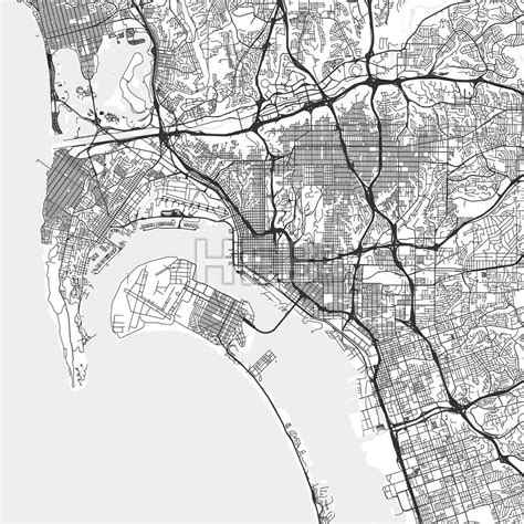 San Diego Downtown And Surroundings Map In Light Shaded Version With