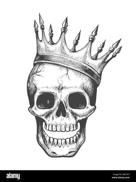 Skull king. Evil in crown ink style vector illustration, dead head ...