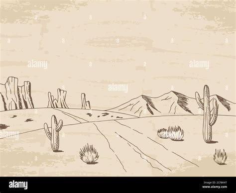 Prairie Road Graphic American Desert Sketch Landscape Illustration