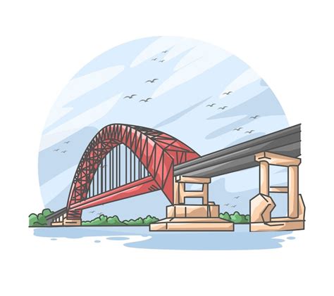 Premium Vector Red Bridge On The River Flat Cartoon Illustration