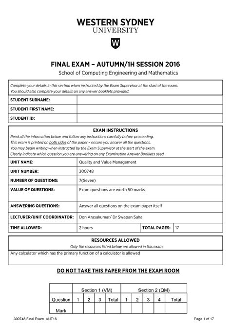 exam 2016 questions section 1 vm question 1 2 3 total section 2 qm 1 2 3 4 total mark