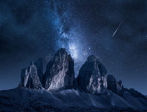 Milky Way Over Dreizinnen Hut In Tre Cime Dolomites Italy Stock Image