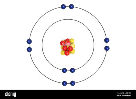 Neon Atom Bohr model with proton, neutron and electron. 3d illustration