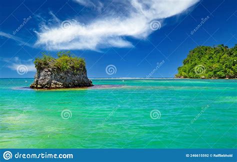 Beautiful Caribbean Landscape With Secluded Turquoise Reef Lagoon Rock