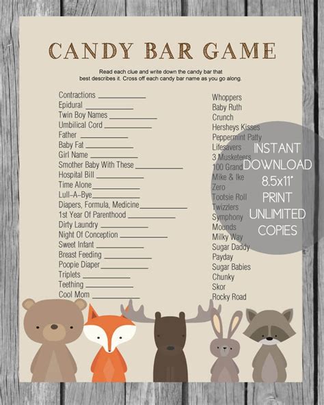 Baby Shower Candy Bar Game Woodland Animal Theme Print