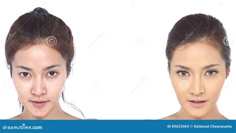 Asian Woman Before And After Make Up Hair Style No Retouch Stock