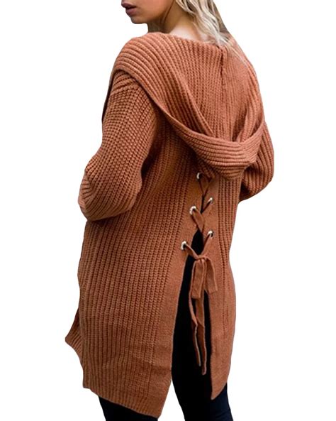 Winter Women Long Knitted Cardigans Hooded Sweater Cardigan Lace Up
