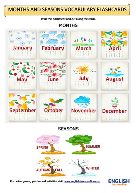 Days Months Seasons Vocabulary Flashcards Worksheet In 2021