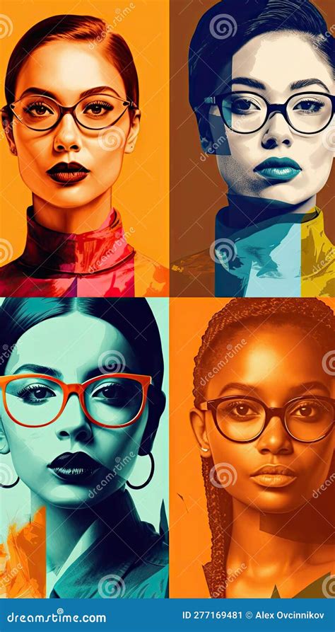 Colorful Illustrations Of Women Wearing Glasses For Invitations And Posters Stock Illustration