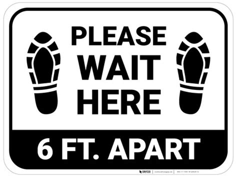 Please Wait Here 6 Ft Apart Shoe Prints Rectangle Floor Sign