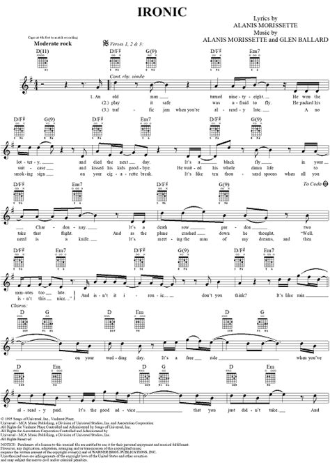 Ironic Sheet Music By Alanis Morissette For Easy Guitarchords Sheet Music Now