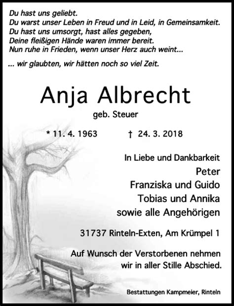 Traueranzeigen Von Anja Albrecht Trauer Anzeigende