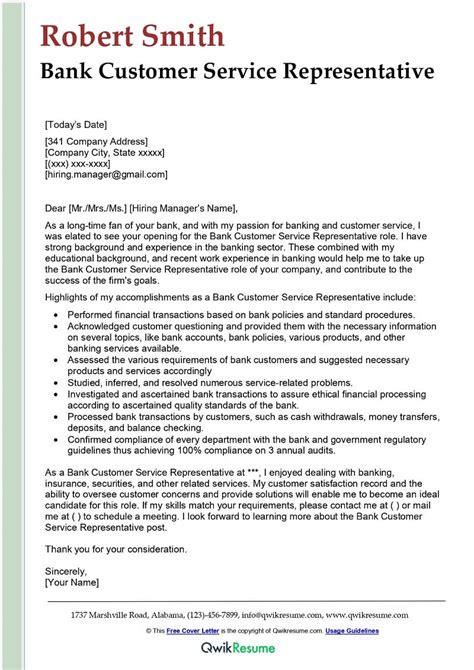 Bank Customer Service Representative Cover Letter Examples Qwikresume