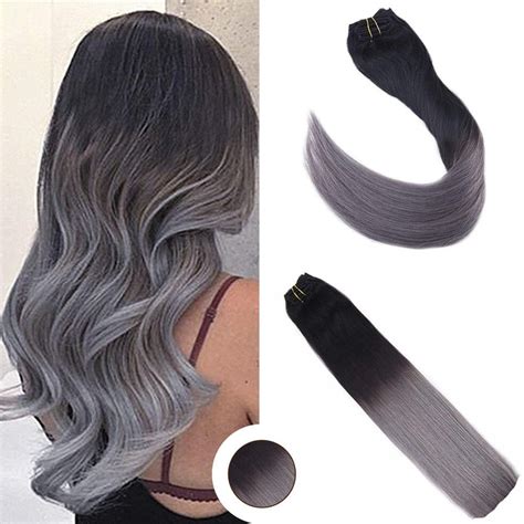 Black To Grey Ombre Clip In Hair Extensions 100 Remy Hair T1B Silver