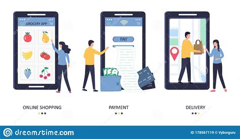 The one who order pays for the food and delivery charges on line. Set Of Concepts Online Grocery App, Payment, Delivery. A ...