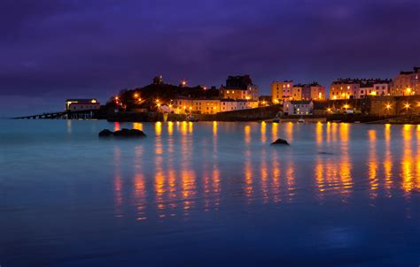 Wallpaper Sea Night Lights Home Bay Wales Tenby Images For