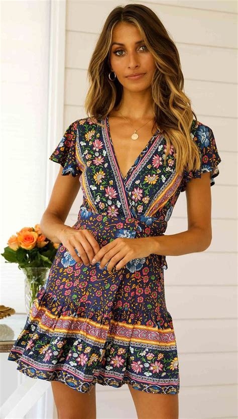 bohemian beach dress short sleeve deep big pleated print women s dresses casual floral sundress