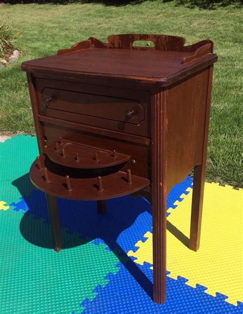 Vintage Wood Sewing Cabinet Flip Out Spool Thread Storage Box Side End