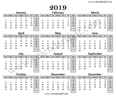 Calendar 2019 Excel Calendar Yearly Calendar Template Printable