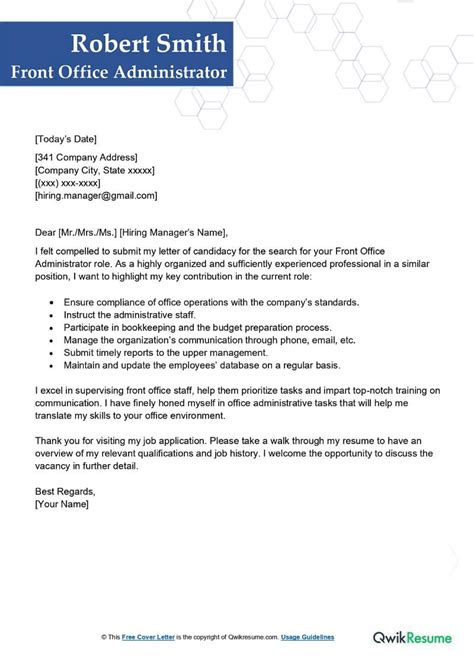 Front Office Administrator Cover Letter Examples Qwikresume