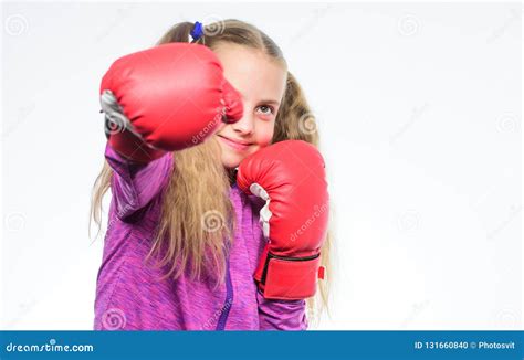 Little Girl In Boxing Gloves Punching Knockout And Energy Sport