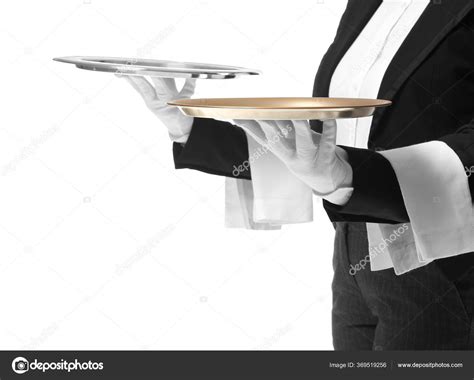 Male Female Waiters Empty Trays White Background Stock Photo By