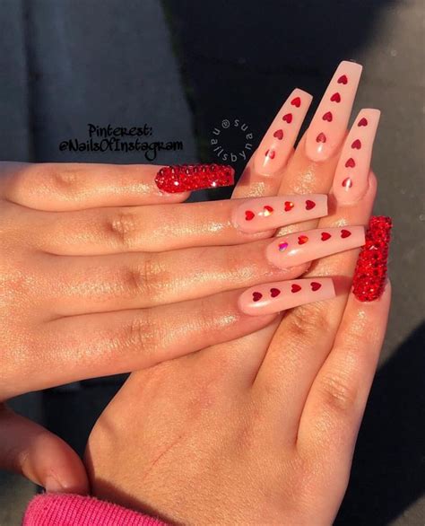 Soft Pink Red Bling And Heart Decals Long Coffin Nails Valentines Nails Coffin Nails Long