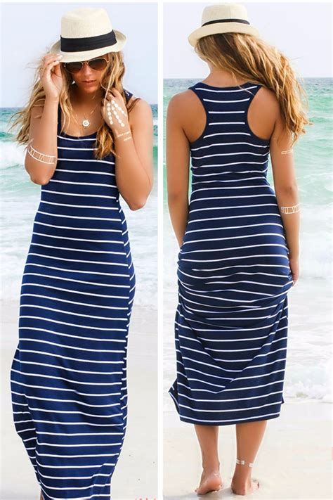 Sexy Lady Womens Hobo Stripe Summer Beach Dress Long Maxi Vest Sundress