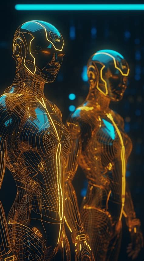 A Couple Of Golden Robots Standing Next To Each Other Cyberpunk