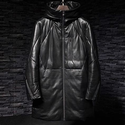 Black Leather Down Jacket With Hooded X Long Outerwear Mens Parka