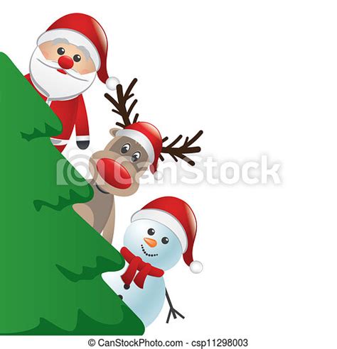 Santa Reindeer And Snowman Behind Christmas Tree Canstock