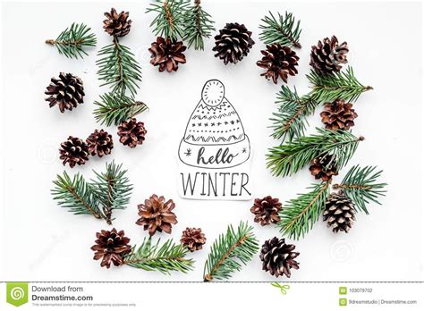 Hello Winter Hand Lettering With Hat Winter Pattern With Spruce Branch