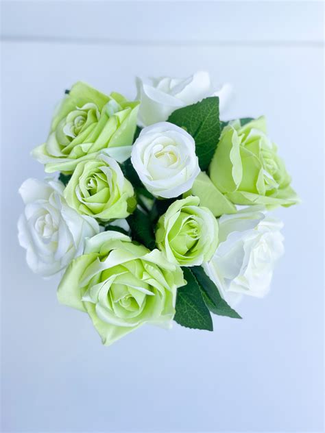 Green And White Rose Arrangement Artificial Faux Silk Flowers In Glass