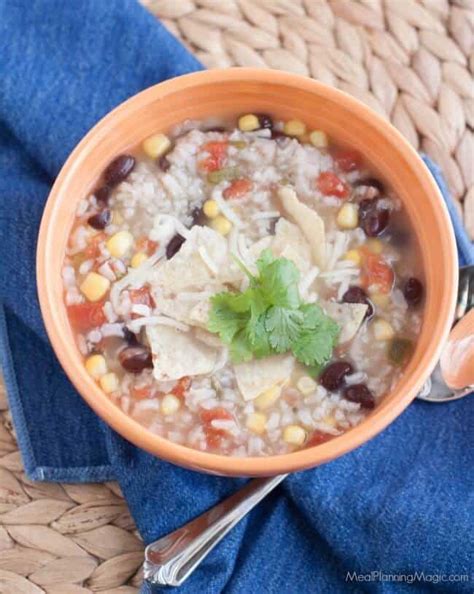 A silky purée of vegetables, tortillas and spices, this chicken tortilla soup is hearty enough to serve as a meal. Easy Chicken Rice and Black Bean Tortilla Soup Recipe