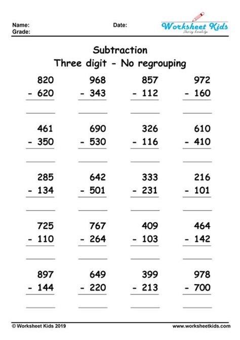 My final 2 digit addition subtraction strategy is the standard algorithm. 3 Digit Subtraction Without Regrouping Worksheets - Free ...