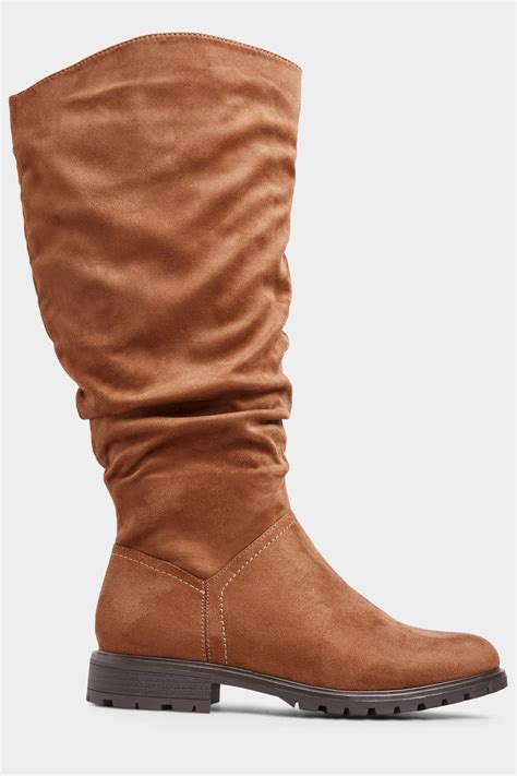 Tan Suedette Ruched Knee High Boots In Extra Wide Fit Yours Clothing