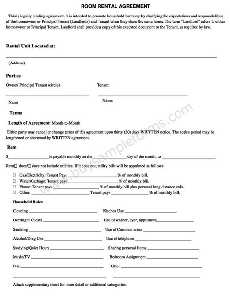 Room Rental Agreement Rental Agreement Templates Checklist Template