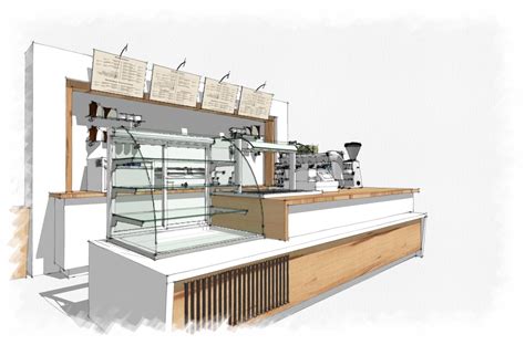 A Drawing Of A Coffee Shop With Lots Of Counter Space