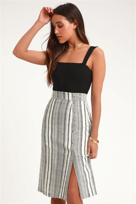 Cute Grey Striped Skirt Midi Skirt Striped Midi Skirt Lulus